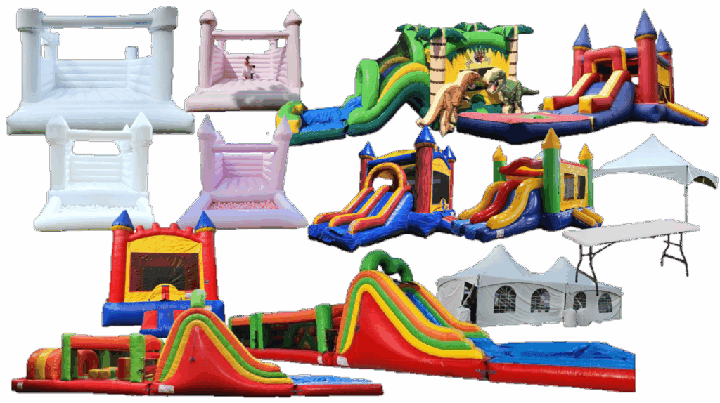 Bounce houses, water slides, tents and tables collage – Party Pawpers Houston